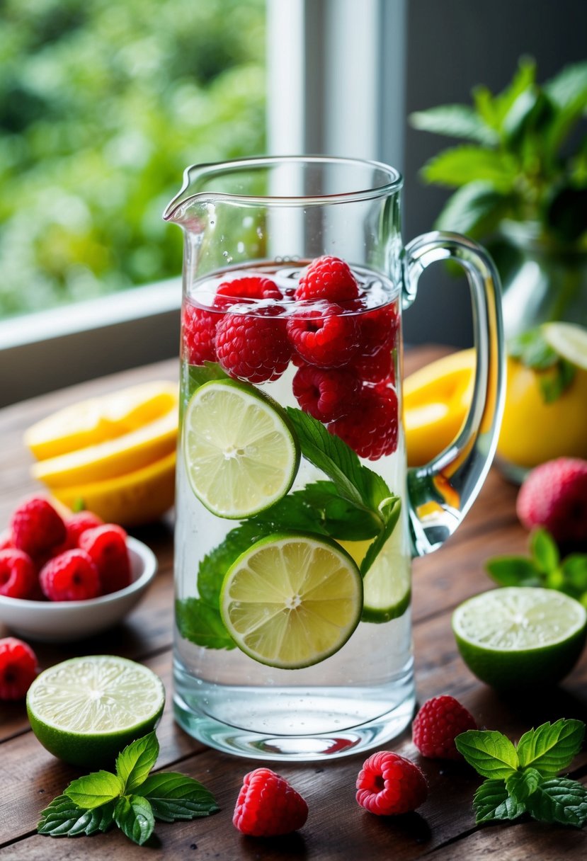 A glass pitcher filled with water, raspberries, and lime slices, surrounded by fresh fruit and mint leaves on a wooden table