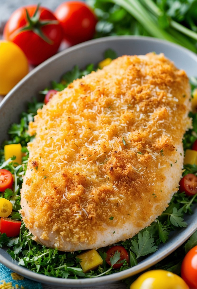 A golden-brown chicken breast coated in crispy parmesan crust, resting on a bed of fresh herbs and surrounded by colorful vegetables