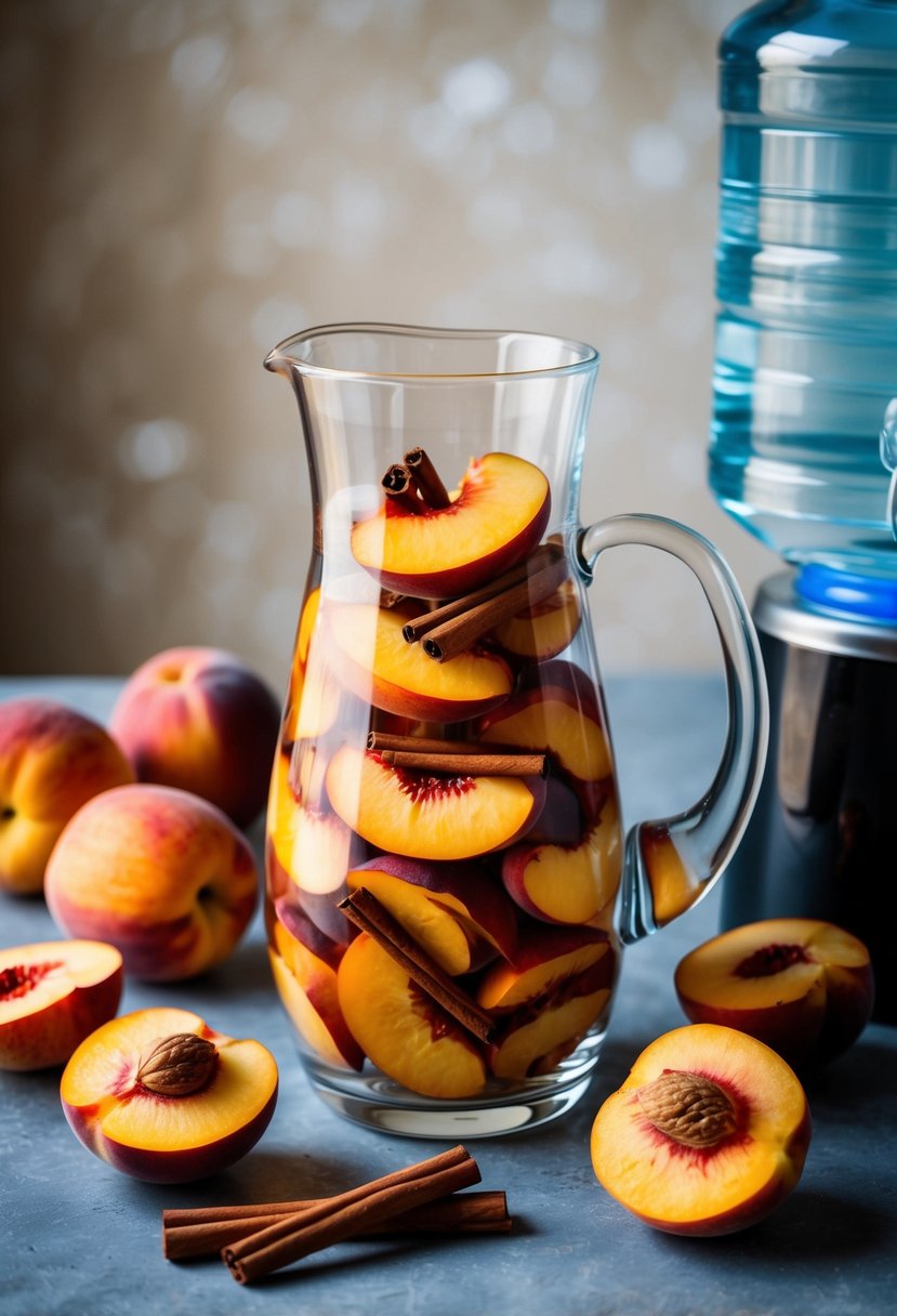 A glass pitcher filled with sliced peaches and cinnamon sticks, surrounded by fresh fruit and a water dispenser