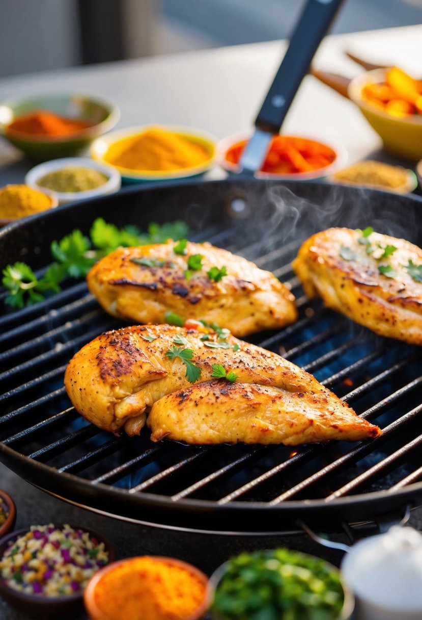 A sizzling Cajun chicken breast cooking on a hot grill, surrounded by colorful spices and herbs