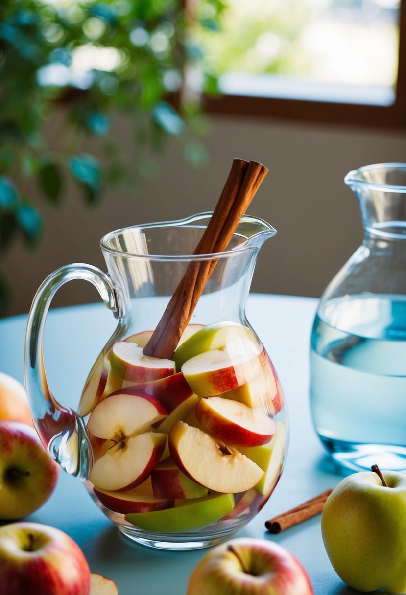 A glass pitcher filled with apple slices and cinnamon sticks surrounded by fresh fruit and a water jug