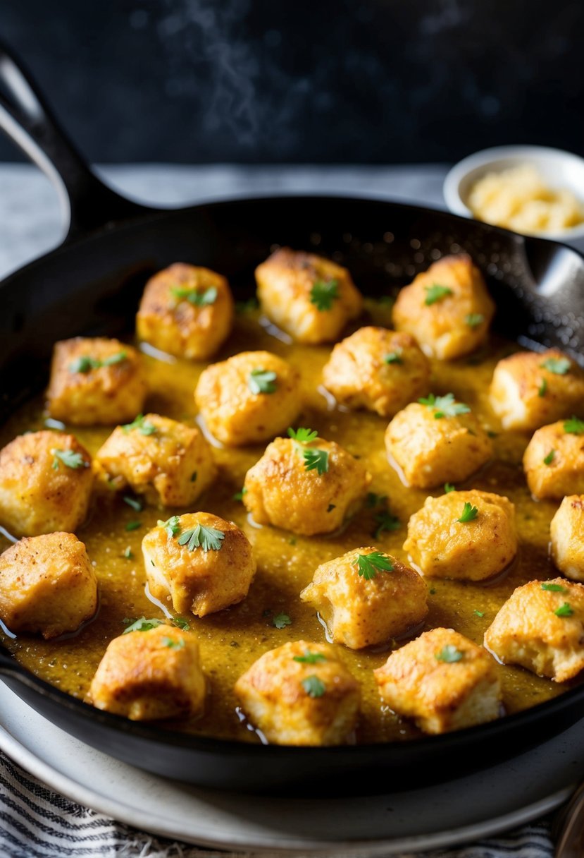 A sizzling skillet of golden-brown chicken bites coated in a rich and savory garlic butter sauce