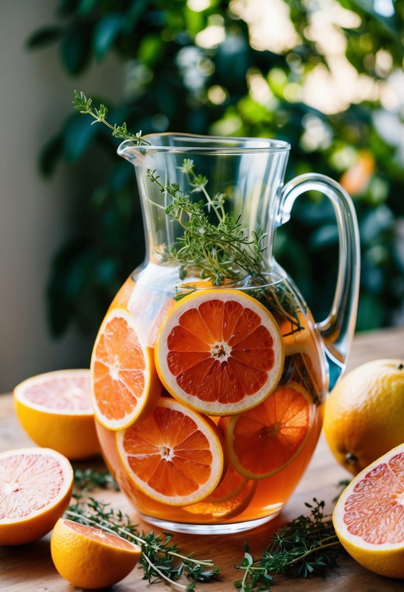 A glass pitcher filled with sliced grapefruit and thyme sprigs, surrounded by fresh fruit and herbs on a wooden table