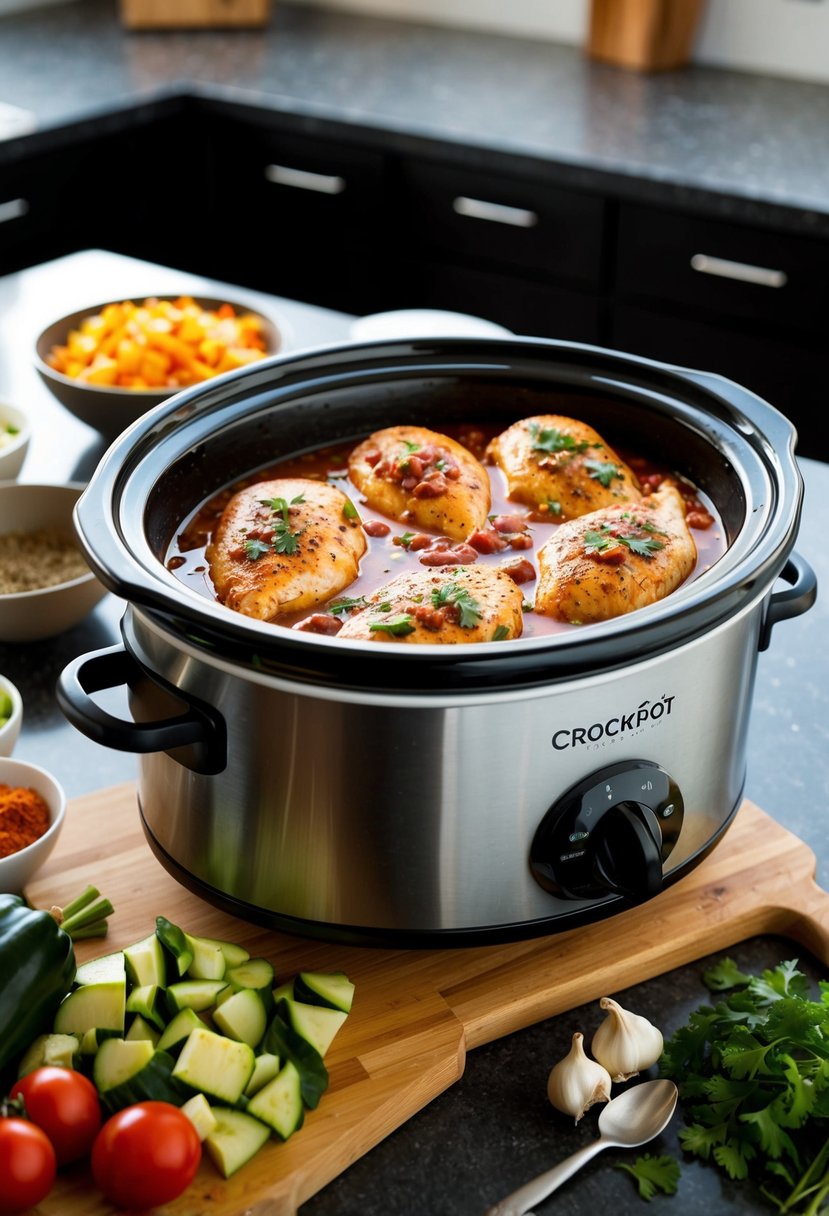 A crockpot filled with seasoned chicken breasts and salsa simmers on a kitchen counter. Chopped vegetables and spices sit nearby