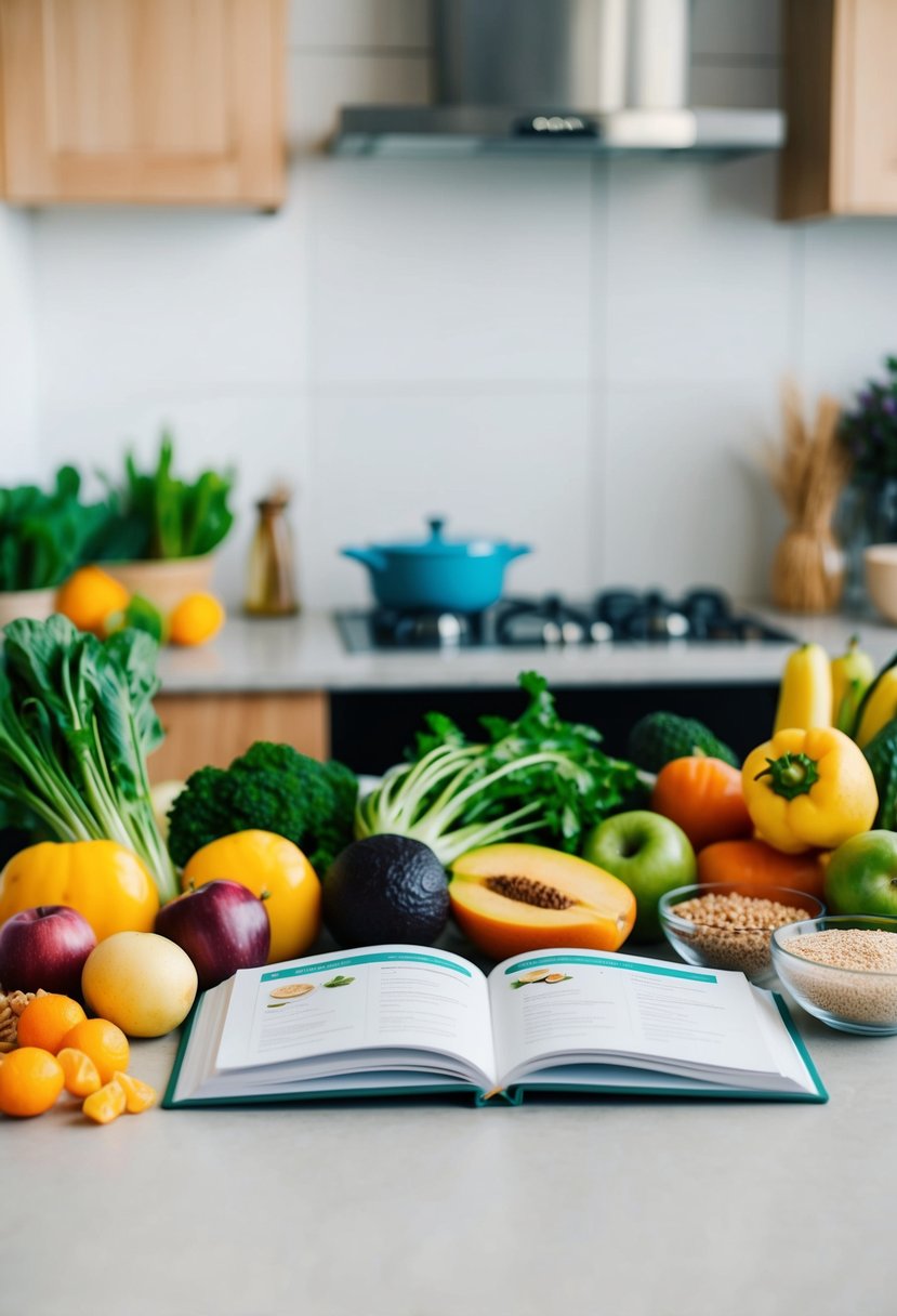 A kitchen counter with a variety of fresh vegetables, fruits, and whole grains. A cookbook open to a page of healthy family recipes