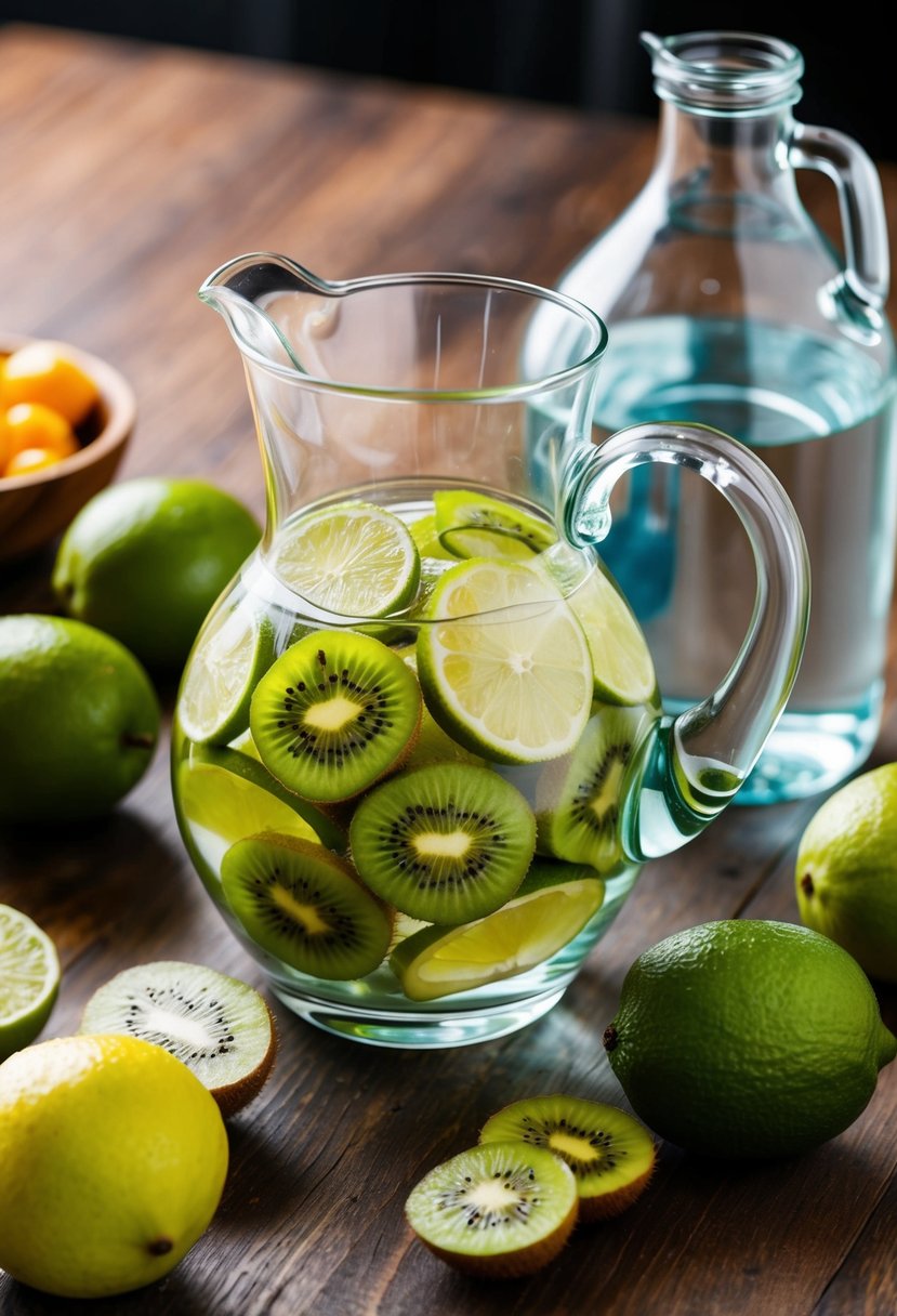 A clear glass pitcher filled with kiwi and lime slices, surrounded by fresh fruits and a jug of water on a wooden table