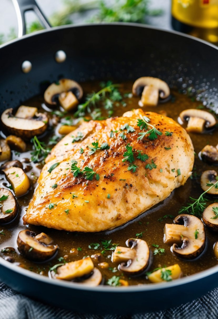 A sizzling chicken breast cooks in a savory Marsala wine sauce, surrounded by mushrooms and herbs