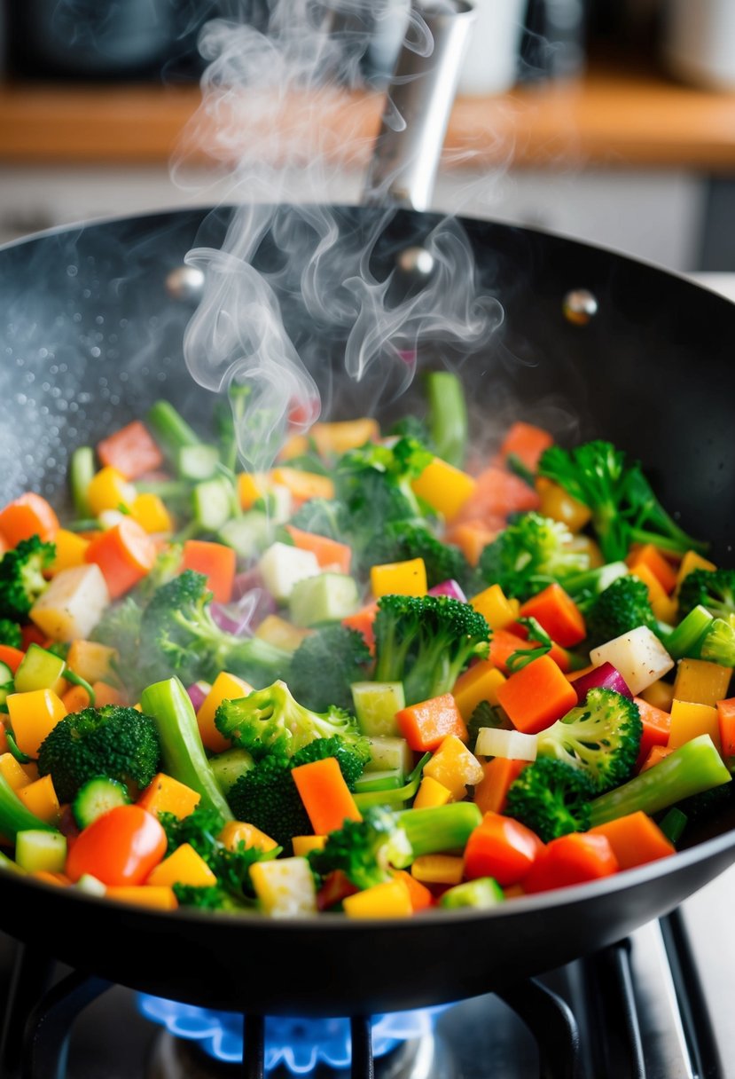 A colorful array of fresh vegetables sizzling in a hot wok, emitting steam and vibrant aromas