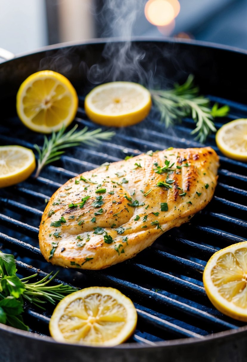 A sizzling lemon herb chicken breast cooks on a hot grill, surrounded by fresh herbs and citrus slices