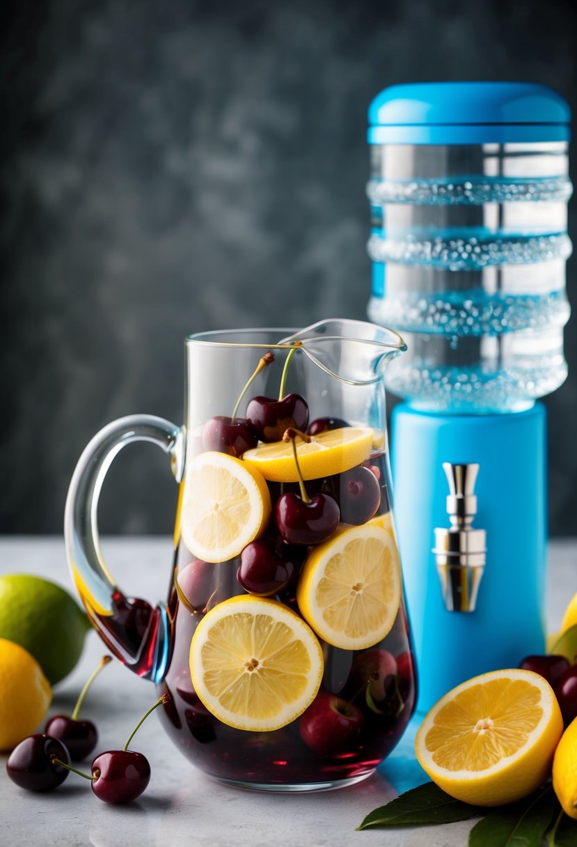 A glass pitcher filled with cherry and lemon slices, surrounded by fresh fruits and a bubbling water dispenser