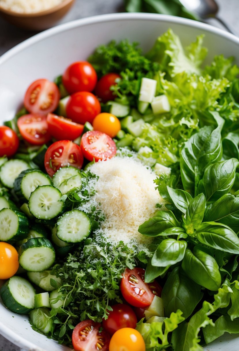 A colorful array of fresh vegetables and herbs, including tomatoes, cucumbers, lettuce, and basil, are chopped and combined with grated parmesan cheese in a large salad bowl