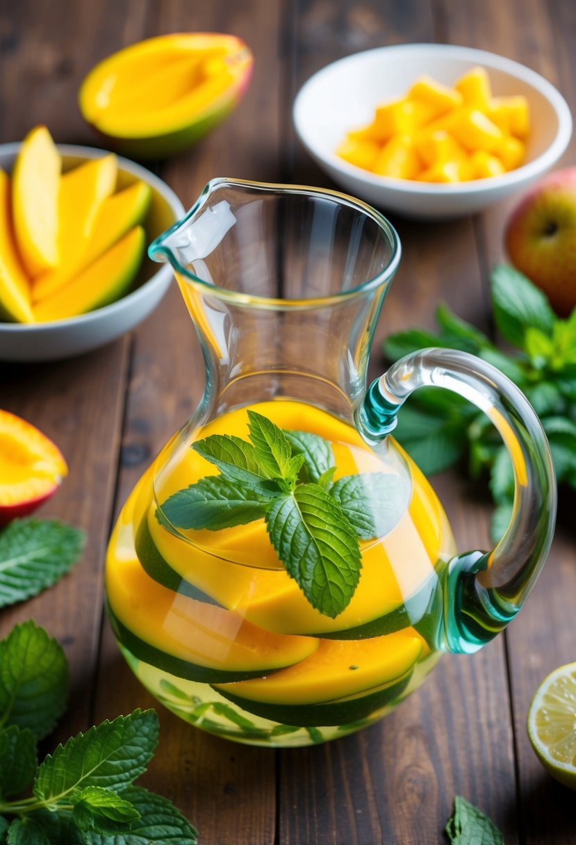 A glass pitcher filled with sliced mango and mint floating in water, surrounded by fresh fruit and herbs on a wooden table