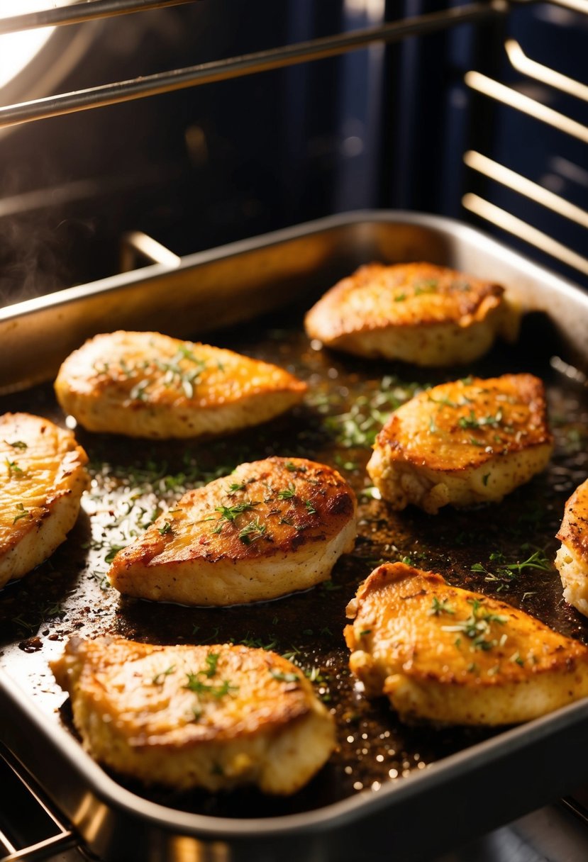 Golden brown chicken cutlets sizzling in a hot oven. A sprinkle of herbs and spices adds flavor