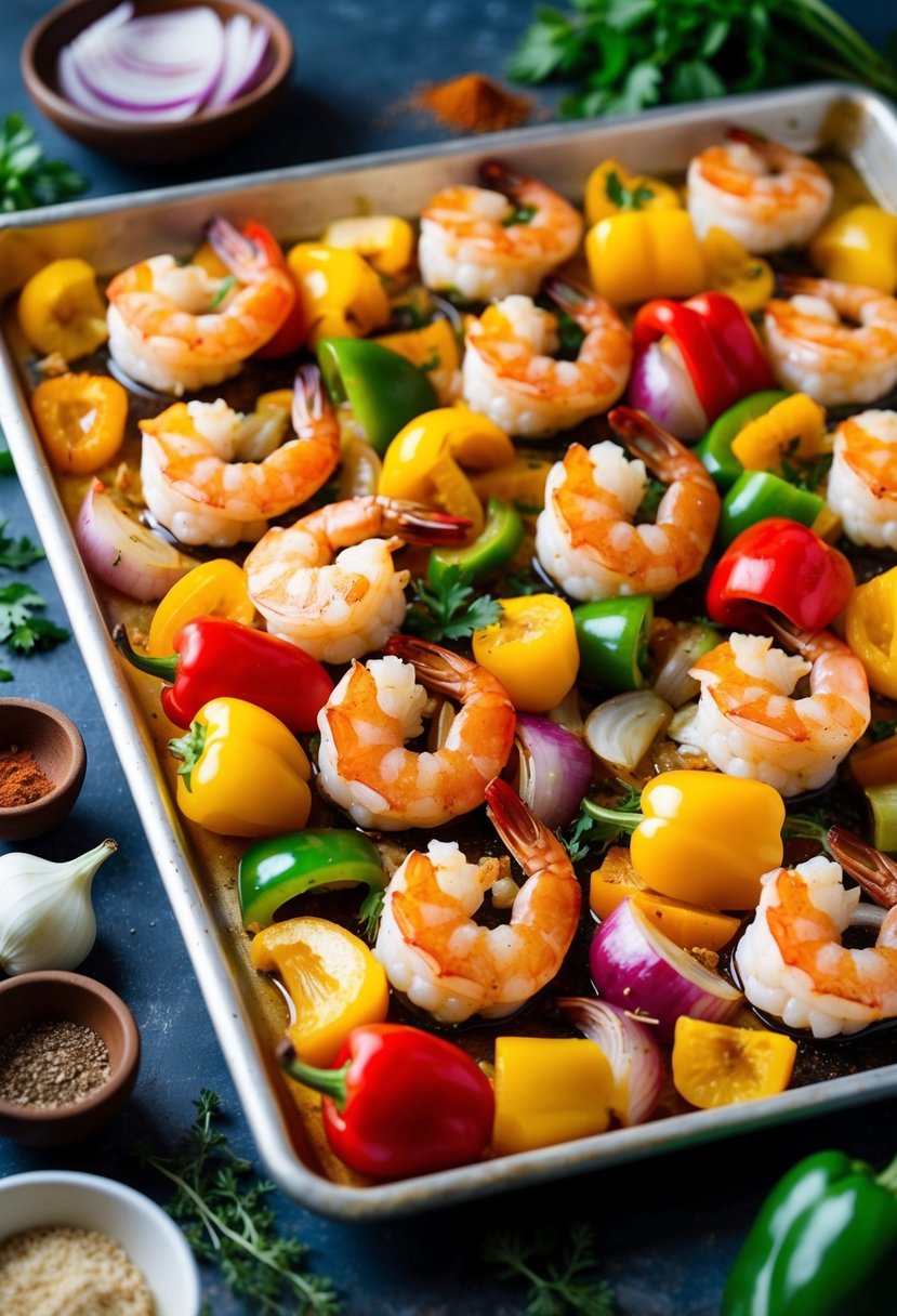 A colorful array of shrimp, bell peppers, and onions sizzling on a sheet pan, surrounded by vibrant spices and herbs