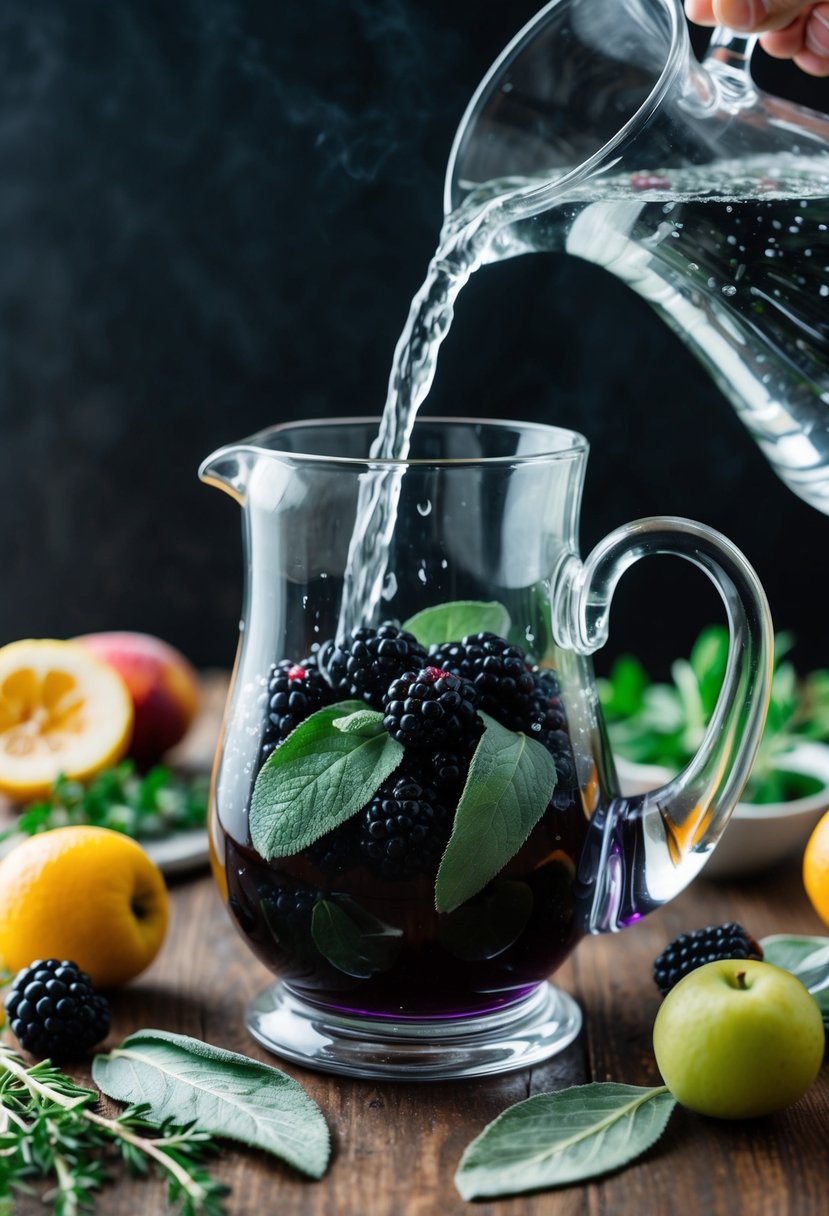 A glass pitcher filled with blackberries and sage, surrounded by fresh fruits and herbs, with water pouring in