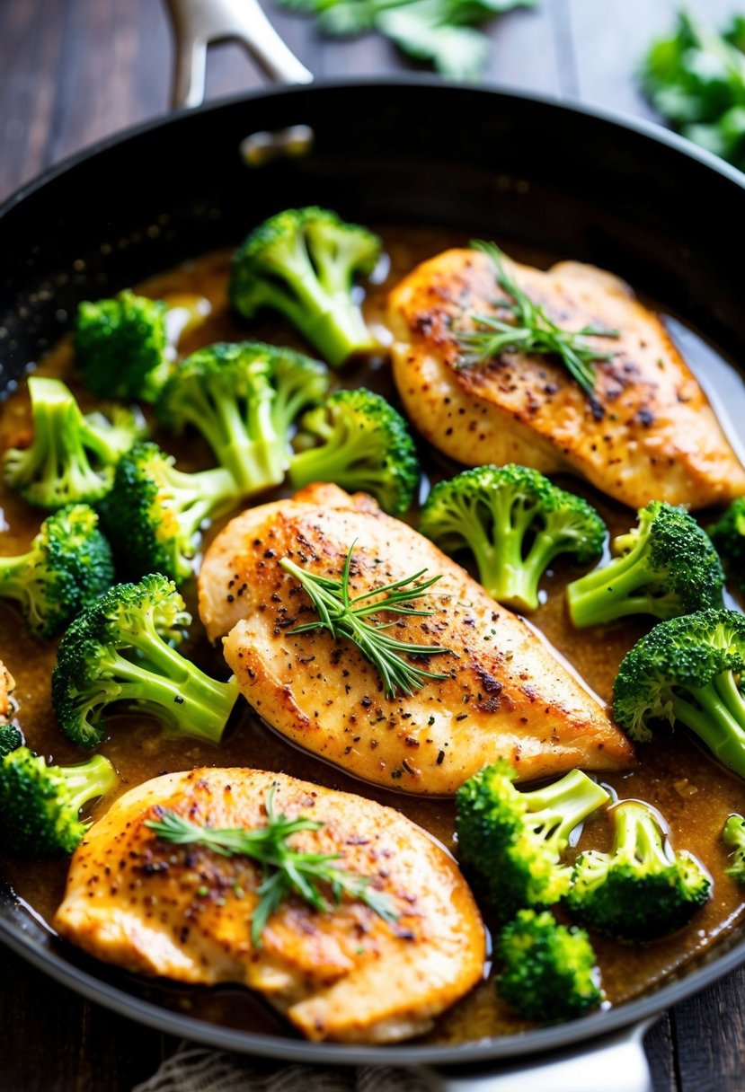 A skillet sizzling with seasoned chicken breasts, surrounded by vibrant green broccoli florets, simmering in a savory broth