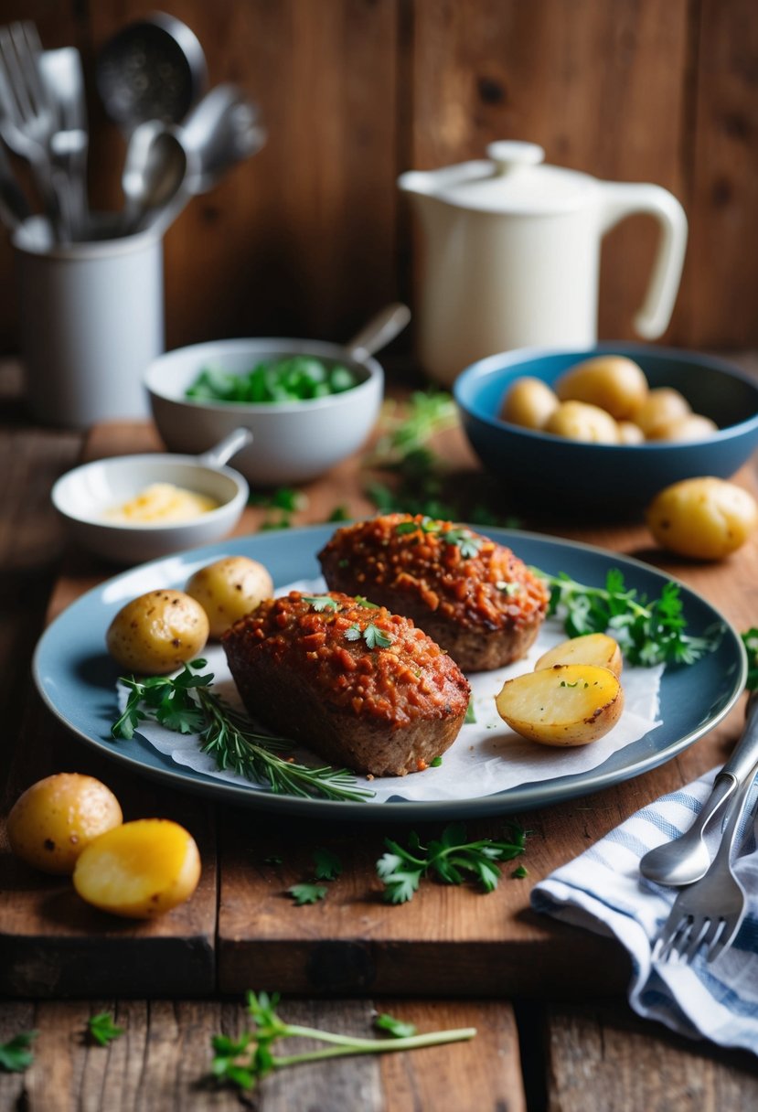 A cozy kitchen scene with mini meatloaf and roasted potatoes on a rustic table, surrounded by fresh ingredients and cooking utensils