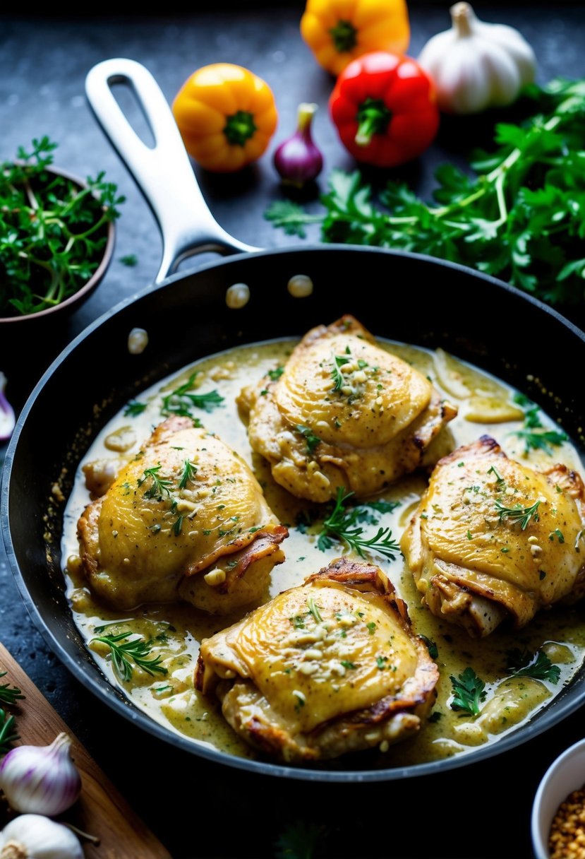 A skillet sizzling with creamy garlic-coated chicken thighs, surrounded by fresh herbs and colorful vegetables