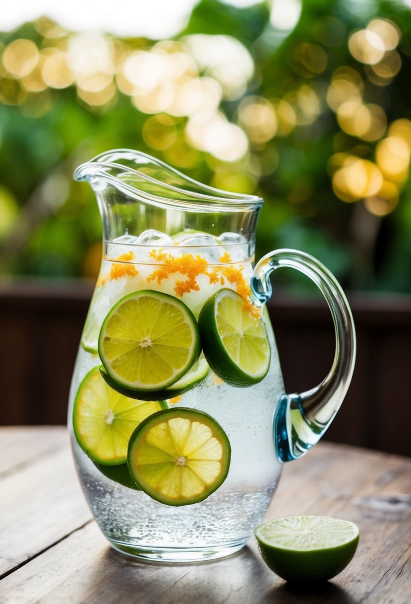 A glass pitcher filled with water, lime slices, and grapefruit zest on a wooden table