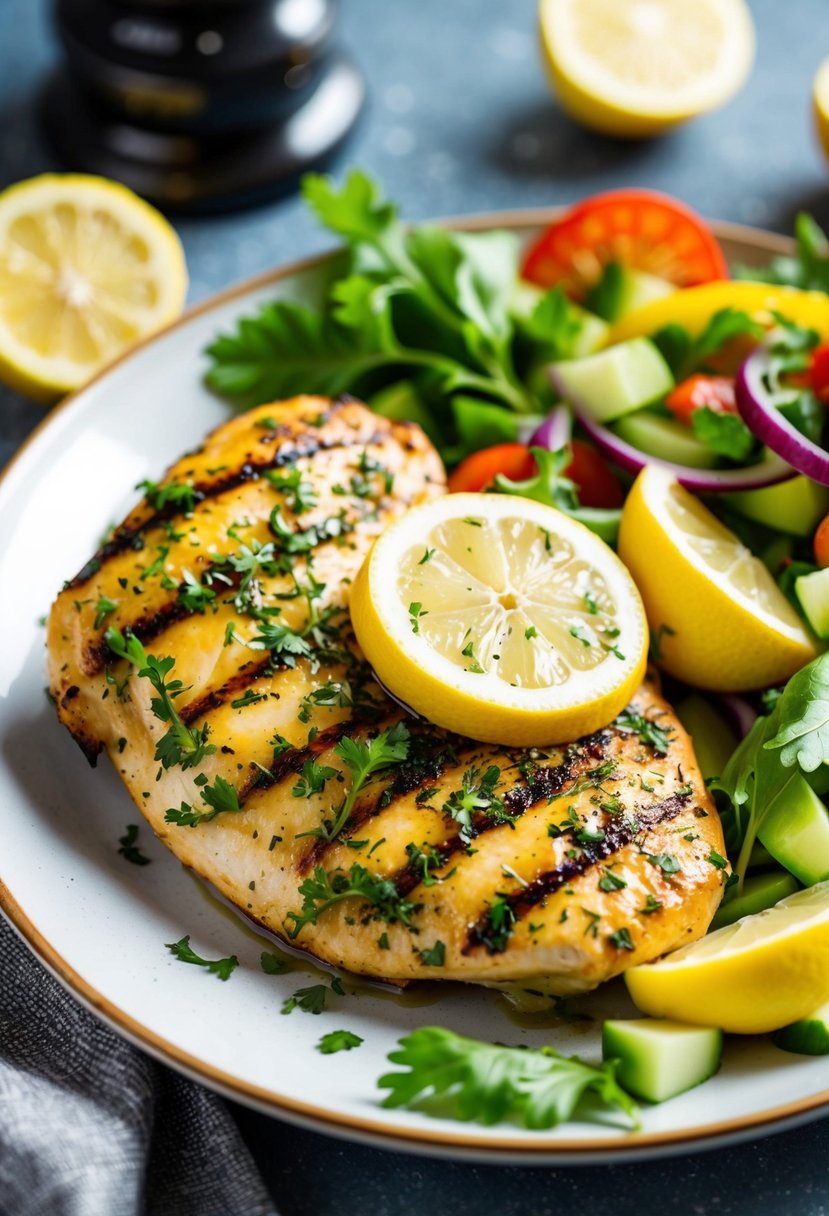 A plate of grilled chicken with lemon and herbs, surrounded by fresh vegetables and a colorful salad