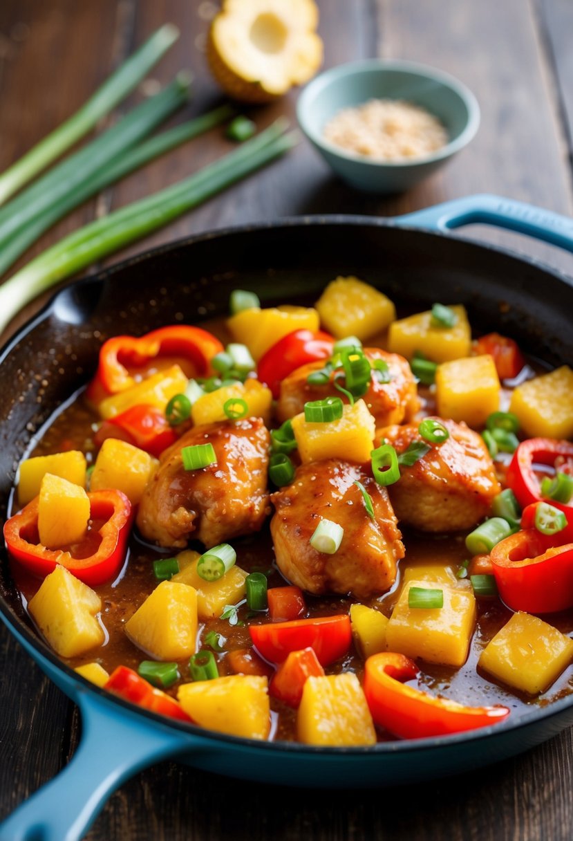 A sizzling skillet of sweet and sour chicken with colorful bell peppers and pineapple chunks, garnished with green onions