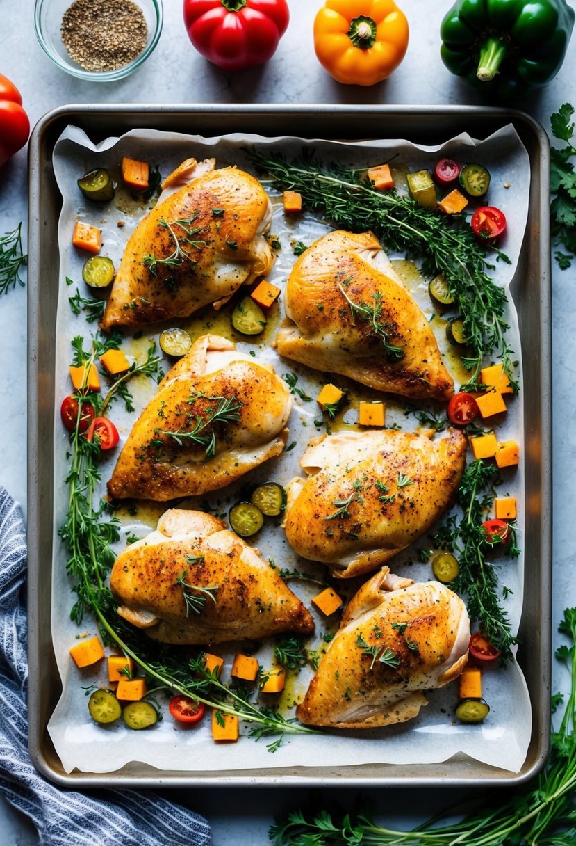 A sheet pan lined with parchment paper holds seasoned chicken breasts, surrounded by colorful vegetables and fresh herbs, ready for roasting