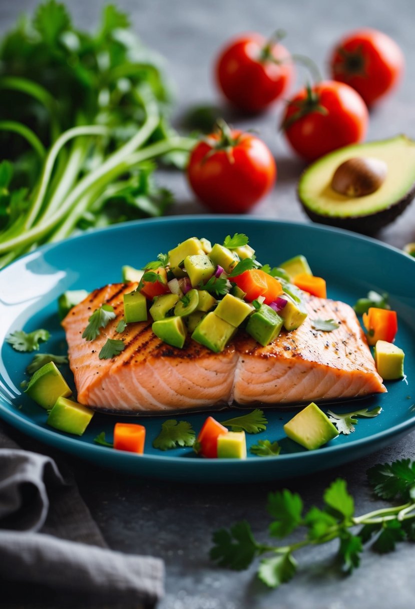 A plate of grilled salmon topped with vibrant avocado salsa, surrounded by colorful vegetables and herbs