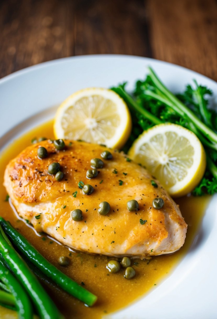 A sizzling chicken breast in a golden-brown sauce, garnished with capers and lemon slices, served on a white plate with a side of green vegetables