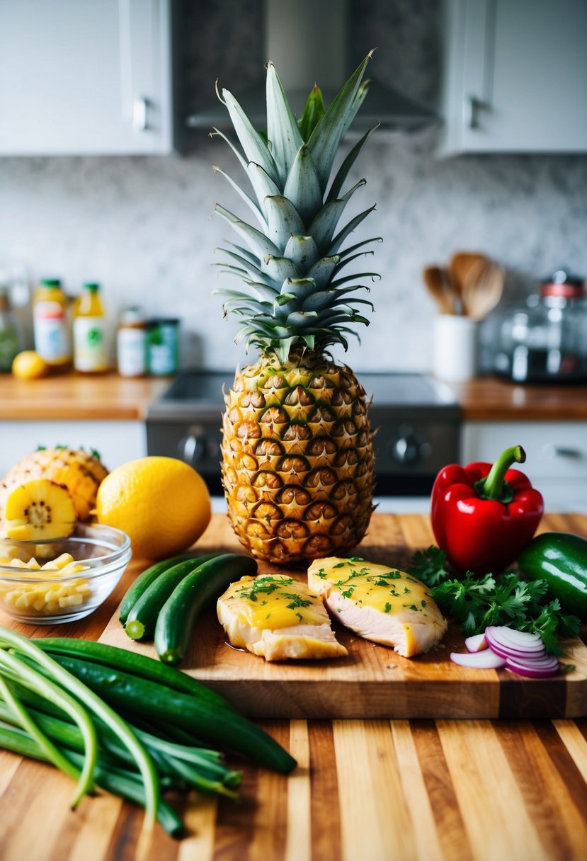 A colorful kitchen scene with fresh pineapple, marinated chicken, and various healthy ingredients laid out on a wooden cutting board