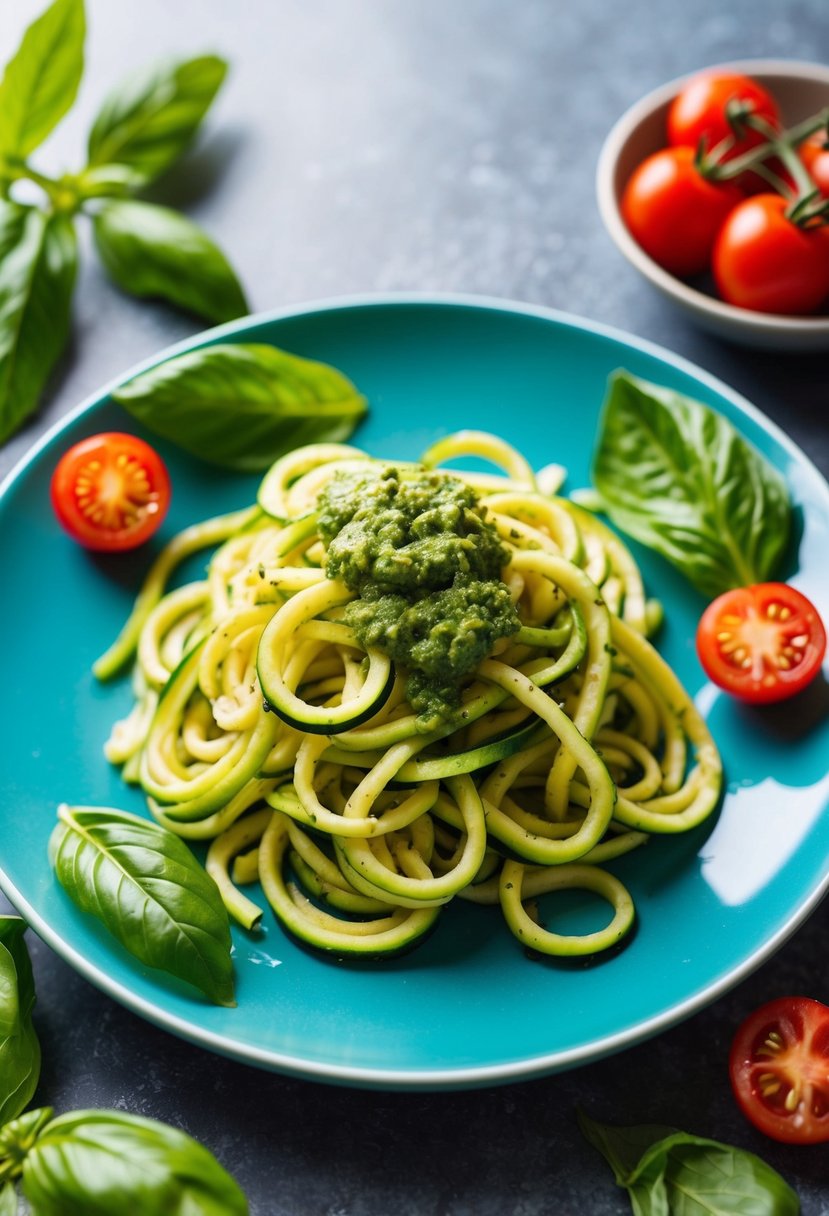 A colorful plate of zucchini noodles topped with vibrant green pesto, surrounded by fresh basil leaves and cherry tomatoes