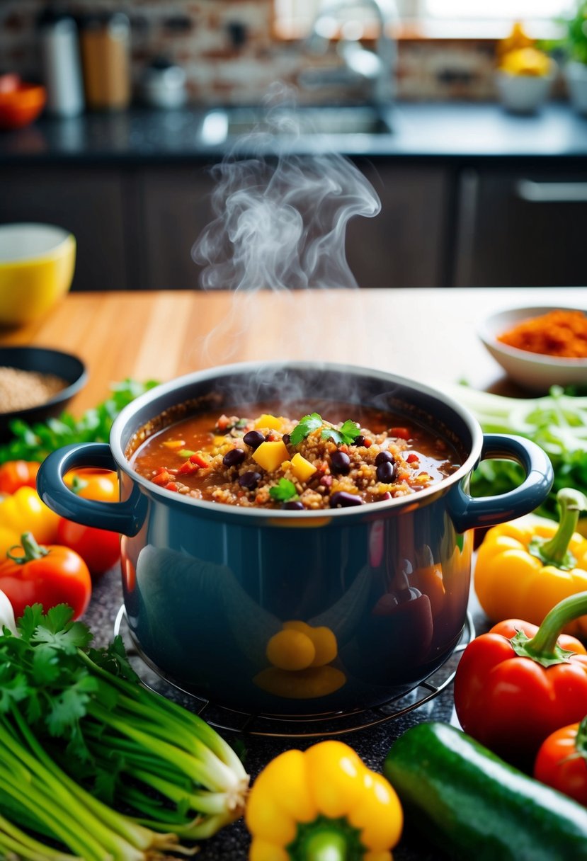 A steaming pot of quinoa and black bean chili surrounded by colorful vegetables and spices on a kitchen counter