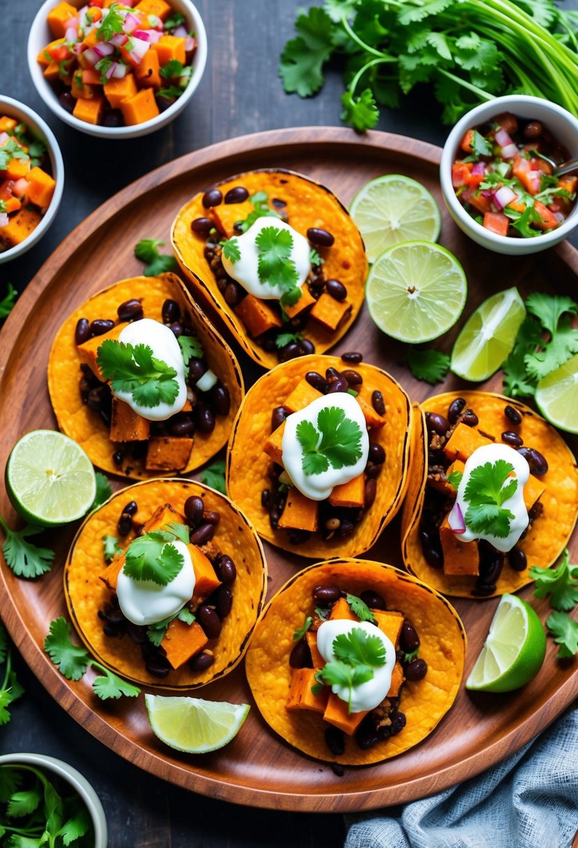 A colorful spread of sweet potato and black bean tacos arranged on a wooden serving platter, surrounded by fresh cilantro, lime wedges, and vibrant salsa