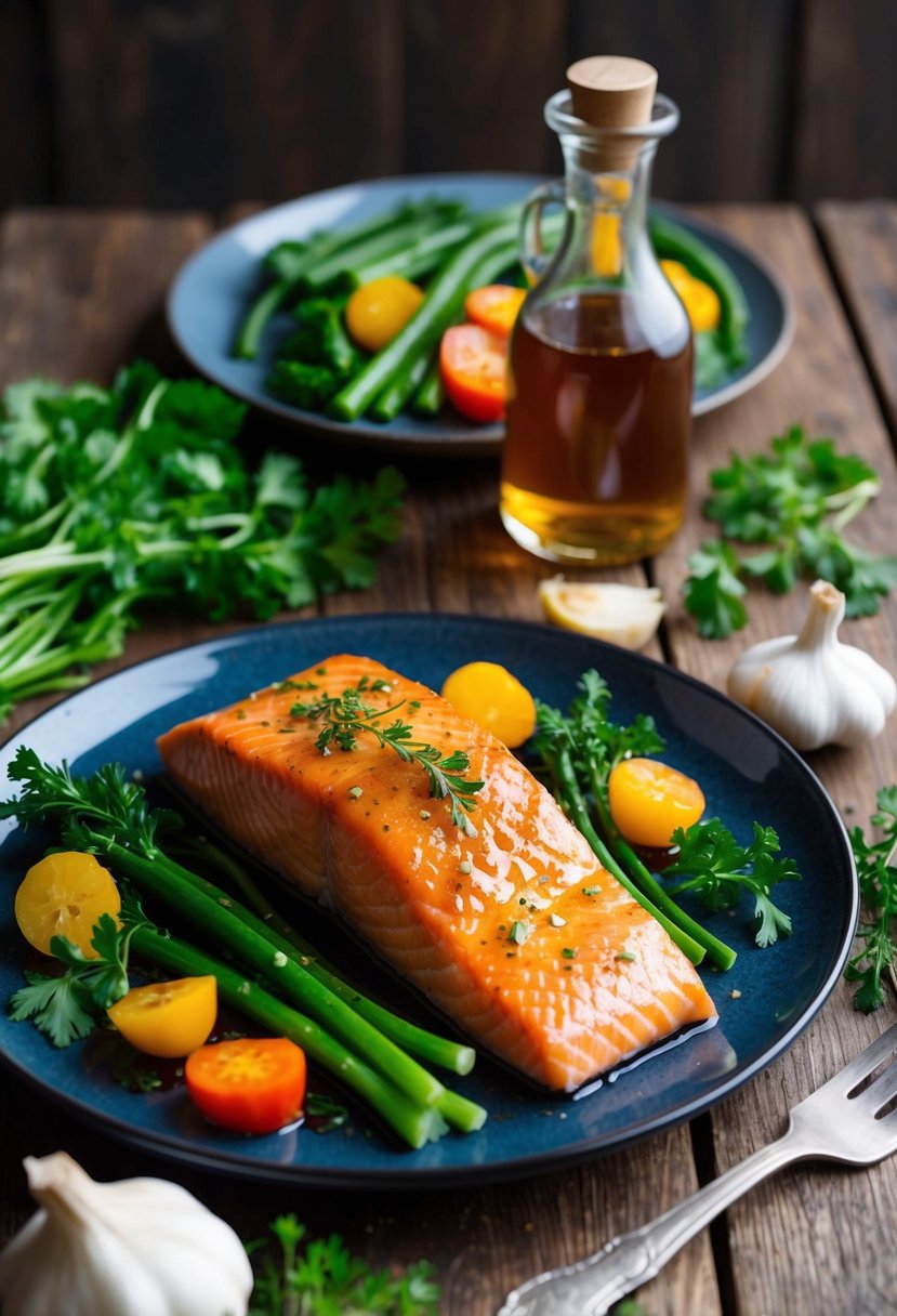 A platter of honey garlic glazed salmon surrounded by fresh vegetables and herbs on a rustic wooden table