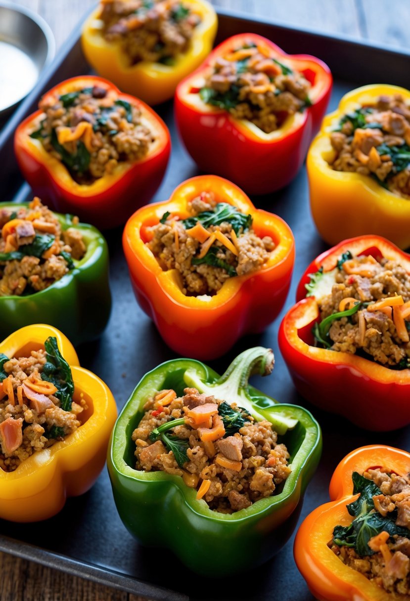 A colorful array of bell peppers stuffed with a savory mixture of ground turkey, spinach, and other wholesome ingredients