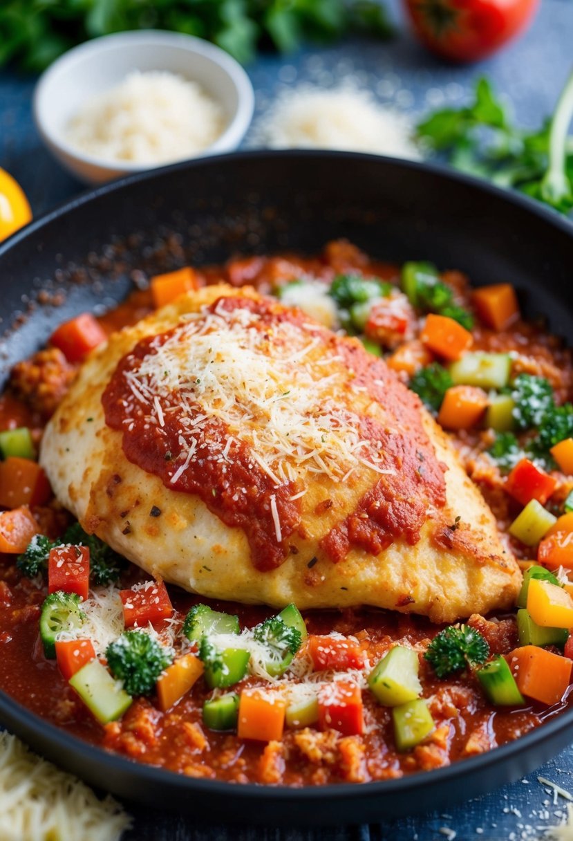 A golden-brown chicken parmesan sits on a bed of marinara sauce, surrounded by vibrant, freshly chopped vegetables and a sprinkle of grated parmesan cheese