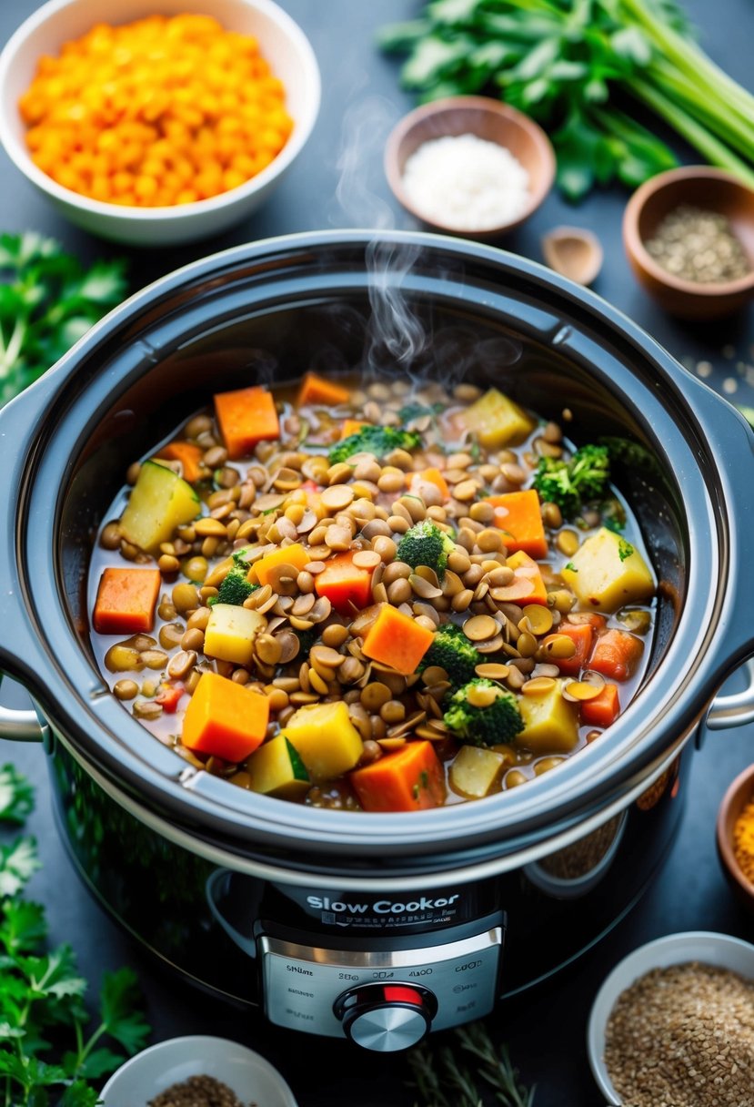 A steaming slow cooker filled with colorful vegetables and lentils, surrounded by fresh herbs and spices