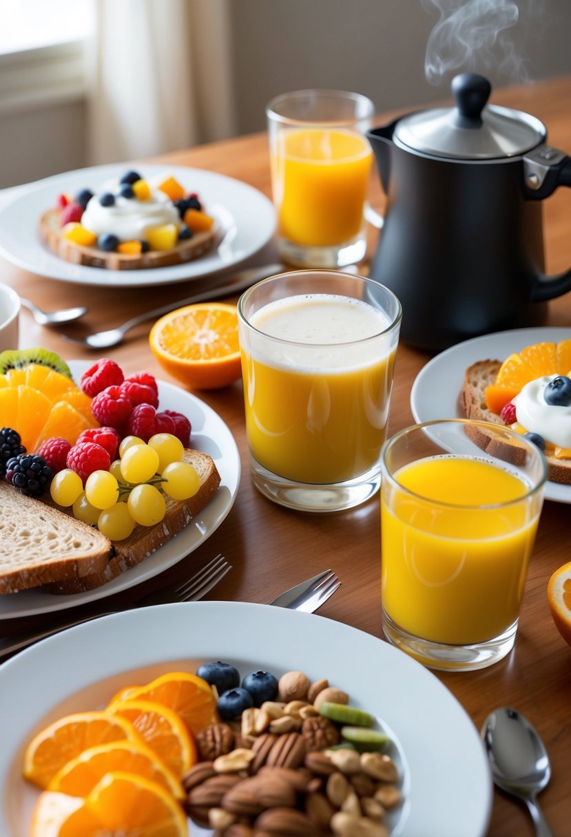 A table set with a colorful array of fruits, whole grain toast, yogurt, and nuts, with a glass of fresh orange juice, and a pot of steaming coffee