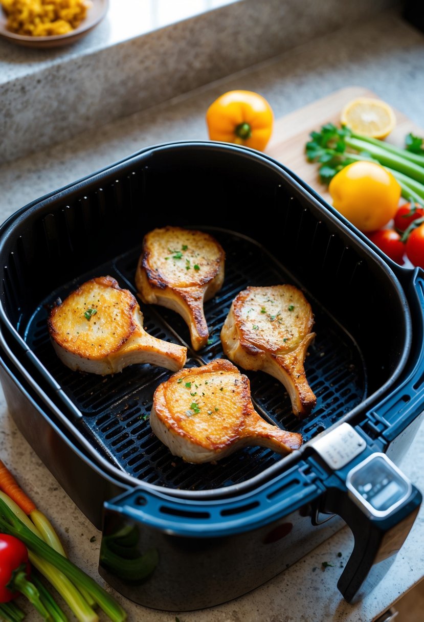 Golden pork chops sizzling in an air fryer, surrounded by colorful vegetables and seasonings on a kitchen counter