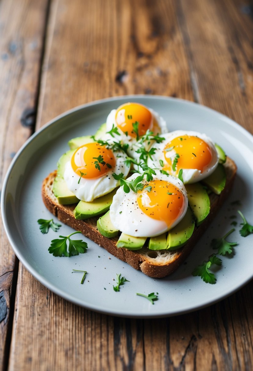 A plate of avocado toast topped with poached eggs and garnished with fresh herbs on a wooden table