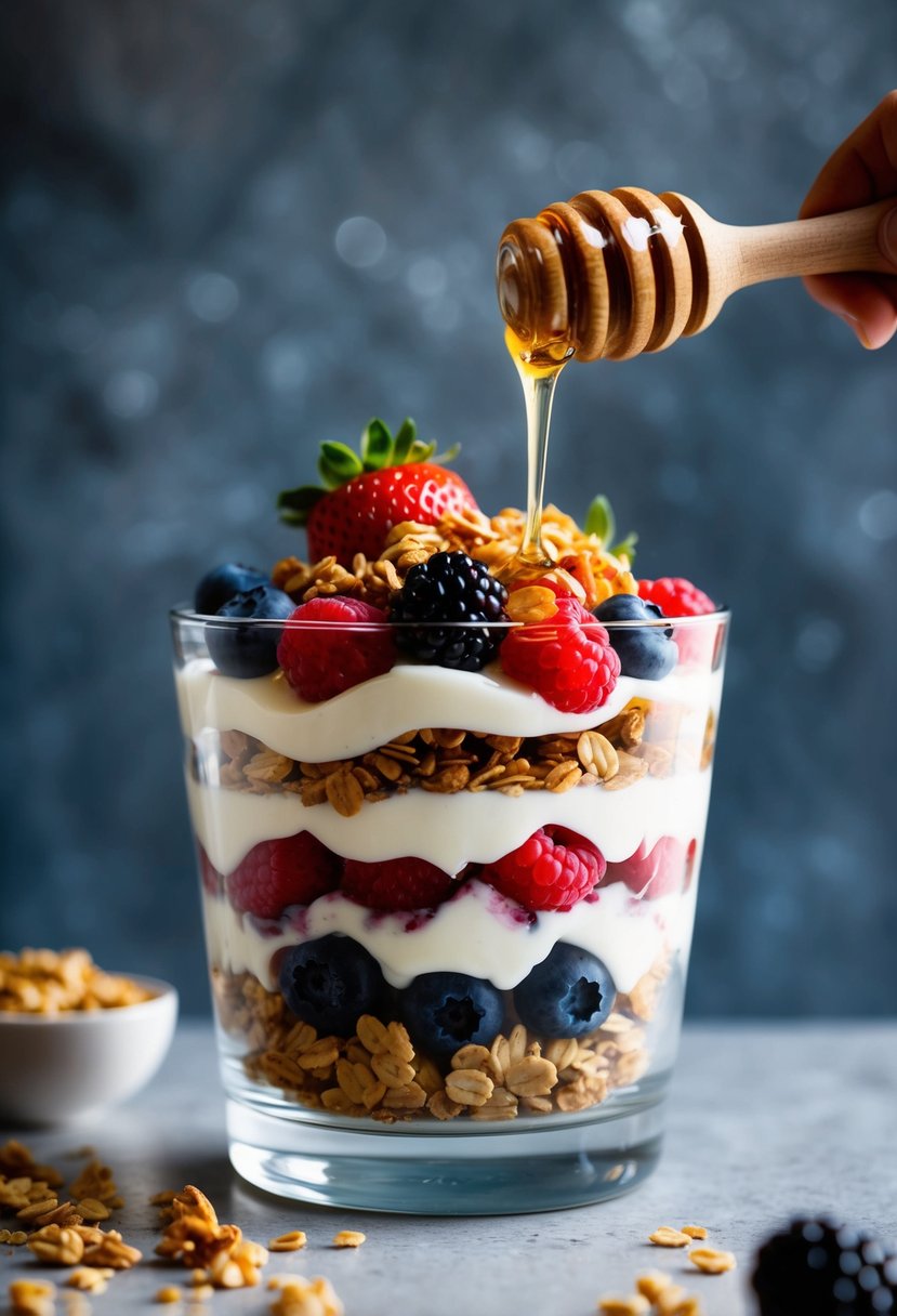 A glass parfait dish filled with layers of fresh berries, creamy yogurt, and crunchy granola, topped with a drizzle of honey