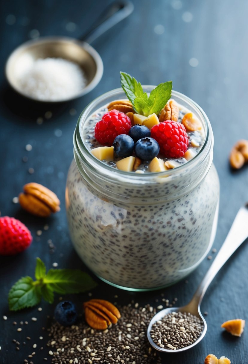 A glass jar filled with chia pudding topped with fresh berries and nuts, surrounded by a scattering of chia seeds and a sprig of mint