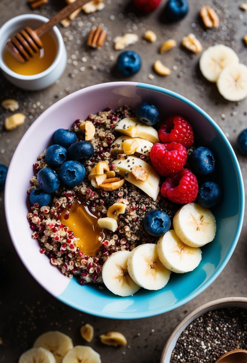 A colorful bowl filled with quinoa, fresh berries, sliced banana, and a drizzle of honey, surrounded by scattered chia seeds and nuts