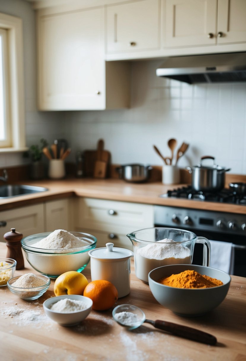 A kitchen counter with various ingredients and tools for making flour recipes