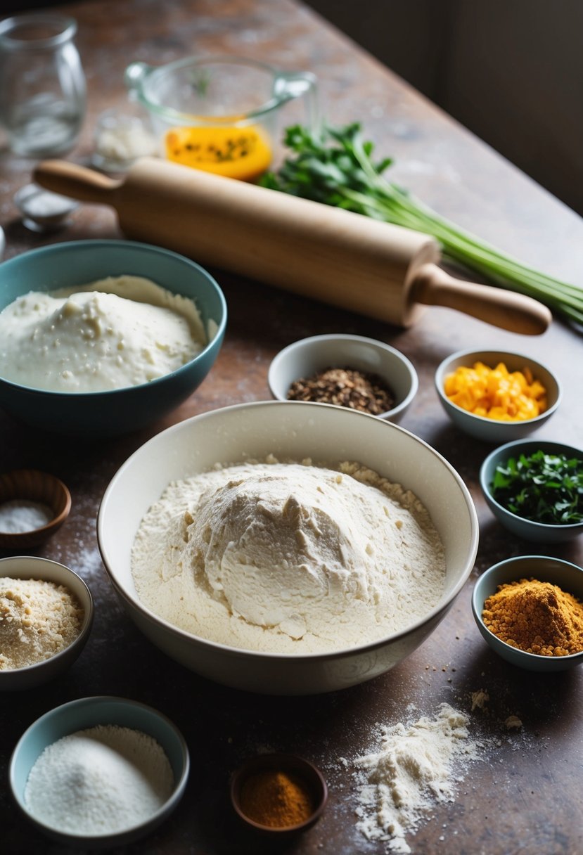 A rustic kitchen counter with a rolling pin and bowl of flour, surrounded by various ingredients for homemade naan bread