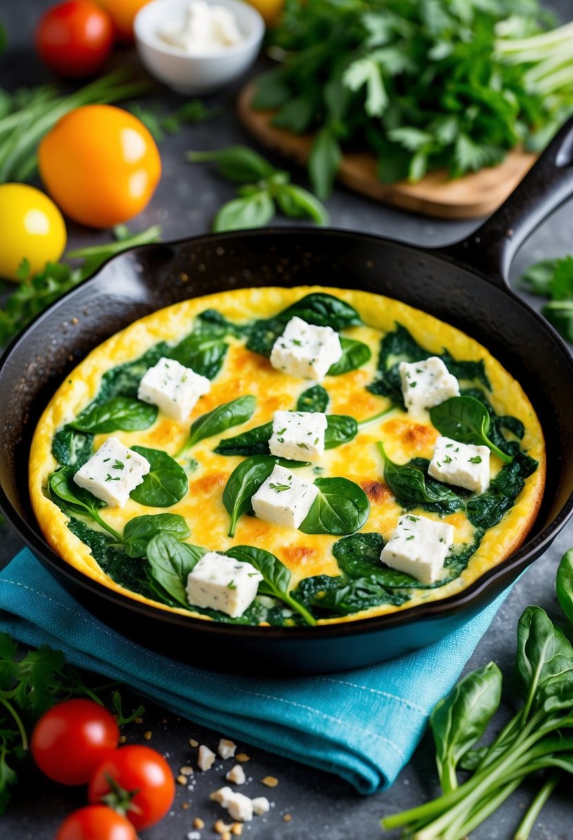 A colorful frittata sizzling in a skillet, filled with vibrant green spinach and creamy feta, surrounded by fresh herbs and bright vegetables