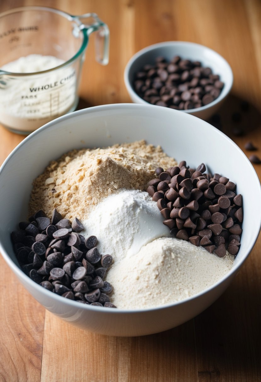 A mixing bowl filled with whole wheat flour, chocolate chips, and other ingredients for making chocolate chip cookies