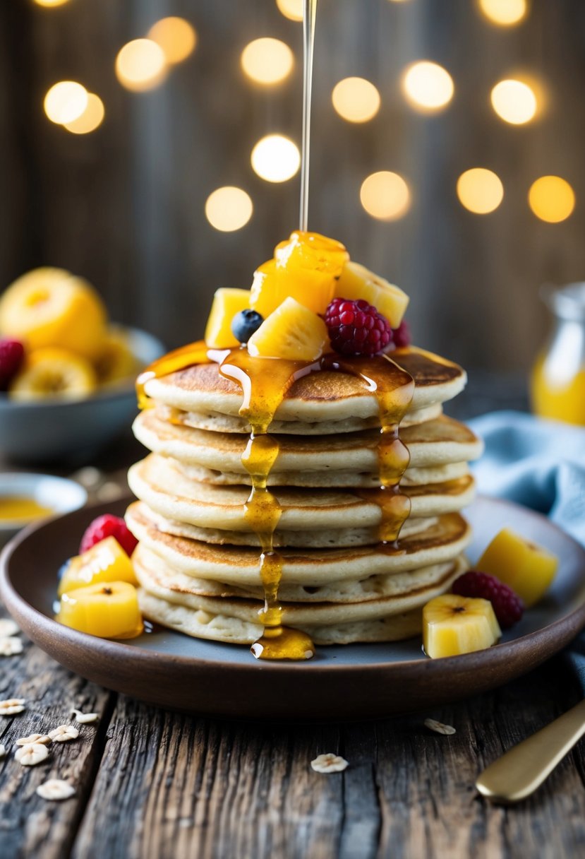 A stack of golden banana oatmeal pancakes topped with fresh fruit and drizzled with honey, served on a rustic wooden plate