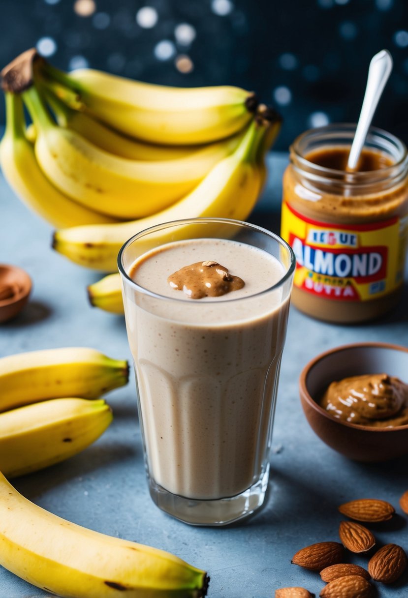 A glass filled with a creamy almond butter banana smoothie surrounded by fresh bananas and a jar of almond butter