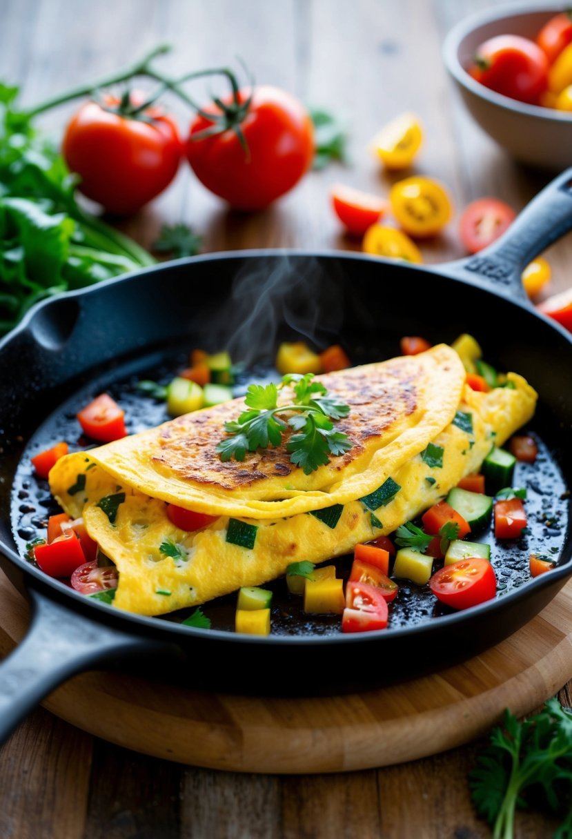 A sizzling vegetable omelet cooking in a skillet, with vibrant tomatoes and colorful diced vegetables