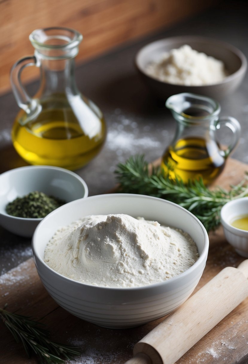 A rustic kitchen counter with a bowl of flour, olive oil, herbs, and a rolling pin